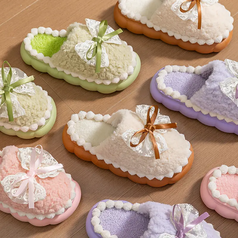 Bow-Knot Cotton Slippers, Non-Slip Winter Shoes, Indoor Slippers, Winter Warm Cotton Shoes, Plush Cotton Slippers, Home Slippers