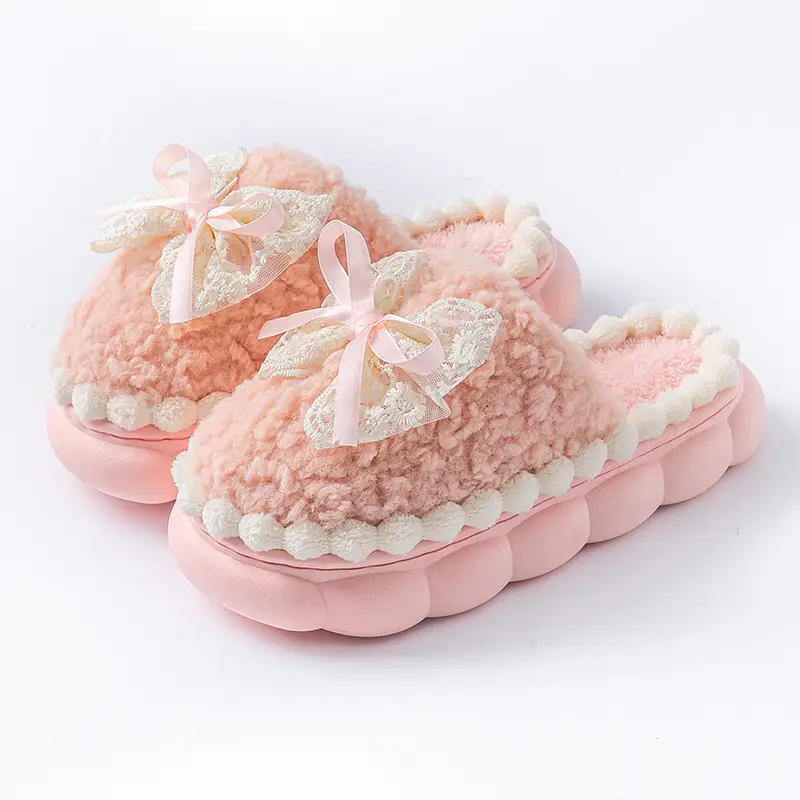 Bow-Knot Cotton Slippers, Non-Slip Winter Shoes, Indoor Slippers, Winter Warm Cotton Shoes, Plush Cotton Slippers, Home Slippers