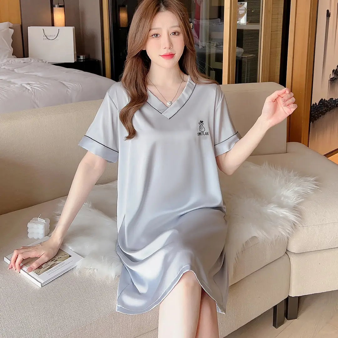 Ice Silk Nightgown Women's Summer Short-Sleeved Pajamas Sexy High-End Large Size Loose Thin Silks and Satins Cute V Neck Home Clothes