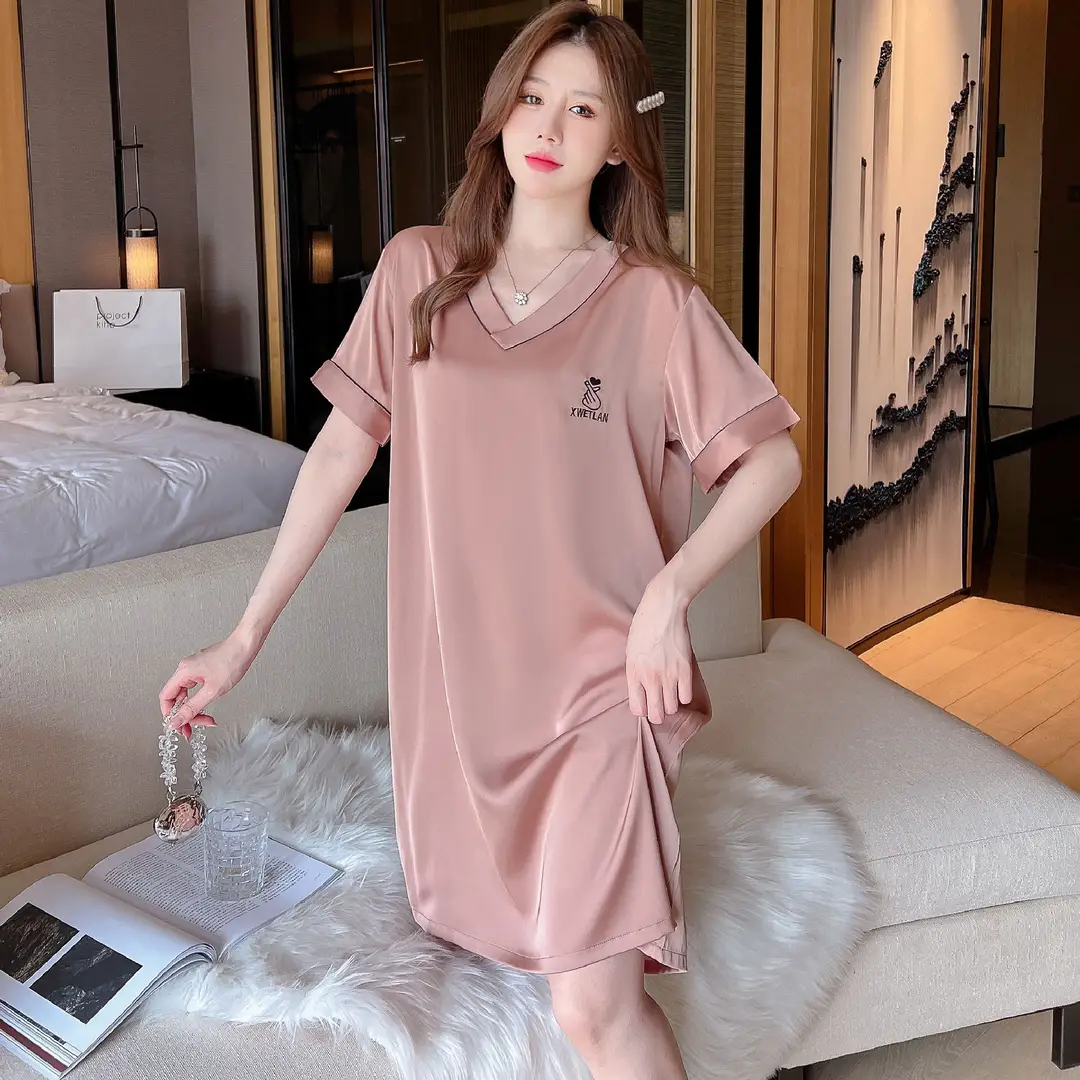 Ice Silk Nightgown Women's Summer Short-Sleeved Pajamas Sexy High-End Large Size Loose Thin Silks and Satins Cute V Neck Home Clothes