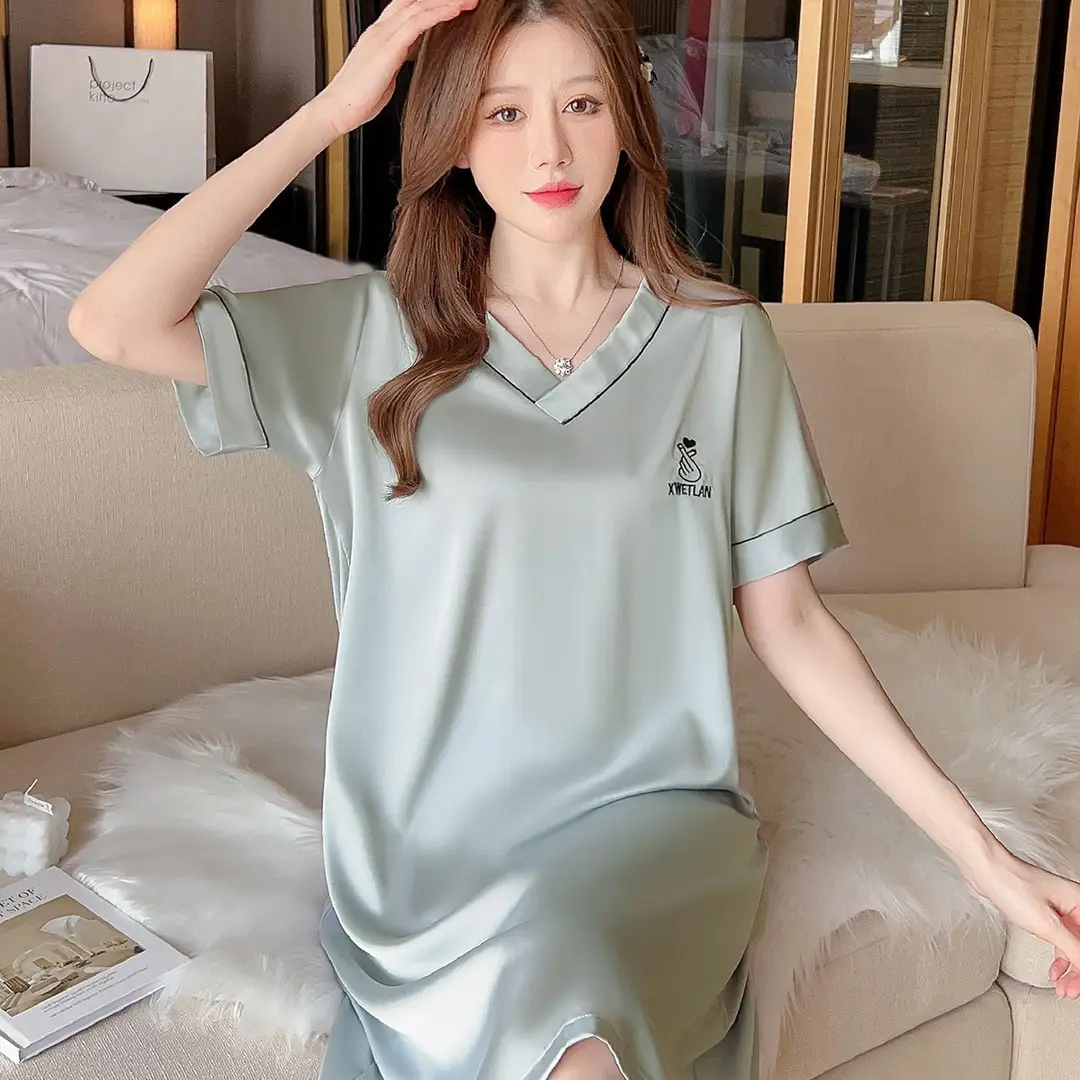 Ice Silk Nightgown Women's Summer Short-Sleeved Pajamas Sexy High-End Large Size Loose Thin Silks and Satins Cute V Neck Home Clothes