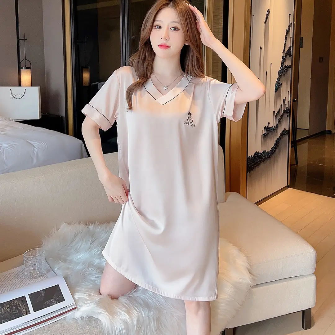 Ice Silk Nightgown Women's Summer Short-Sleeved Pajamas Sexy High-End Large Size Loose Thin Silks and Satins Cute V Neck Home Clothes
