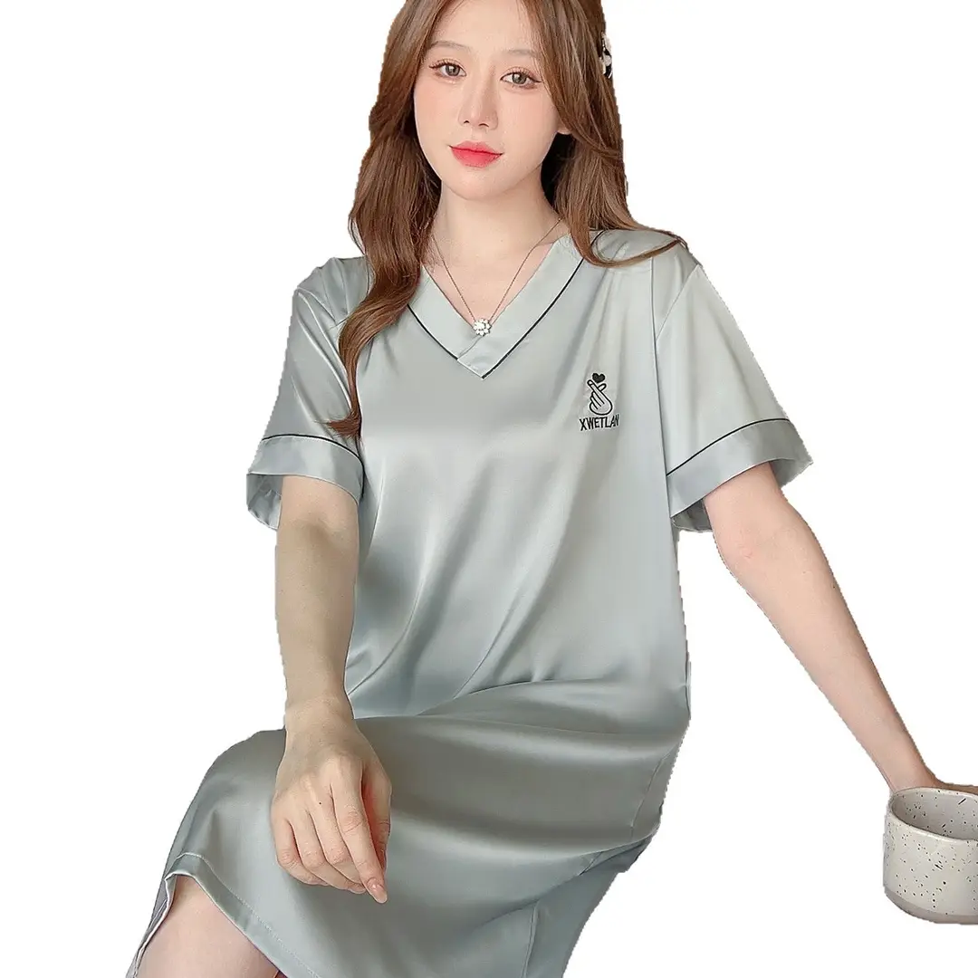 Ice Silk Nightgown Women's Summer Short-Sleeved Pajamas Sexy High-End Large Size Loose Thin Silks and Satins Cute V Neck Home Clothes