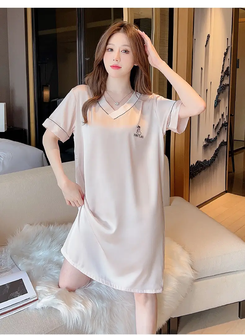 Ice Silk Nightgown Women's Summer Short-Sleeved Pajamas Sexy High-End Large Size Loose Thin Silks and Satins Cute V Neck Home Clothes — feature 10