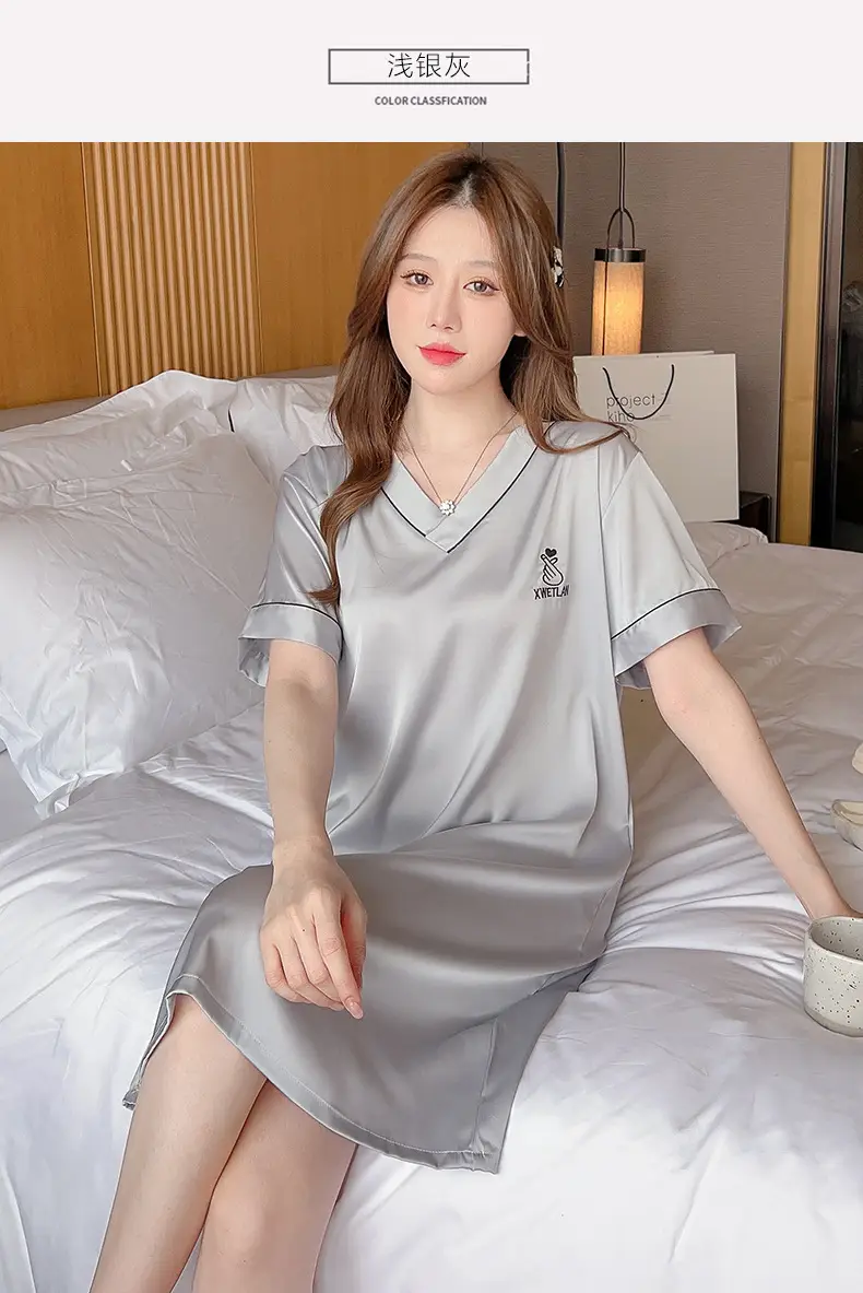 Ice Silk Nightgown Women's Summer Short-Sleeved Pajamas Sexy High-End Large Size Loose Thin Silks and Satins Cute V Neck Home Clothes — feature 11