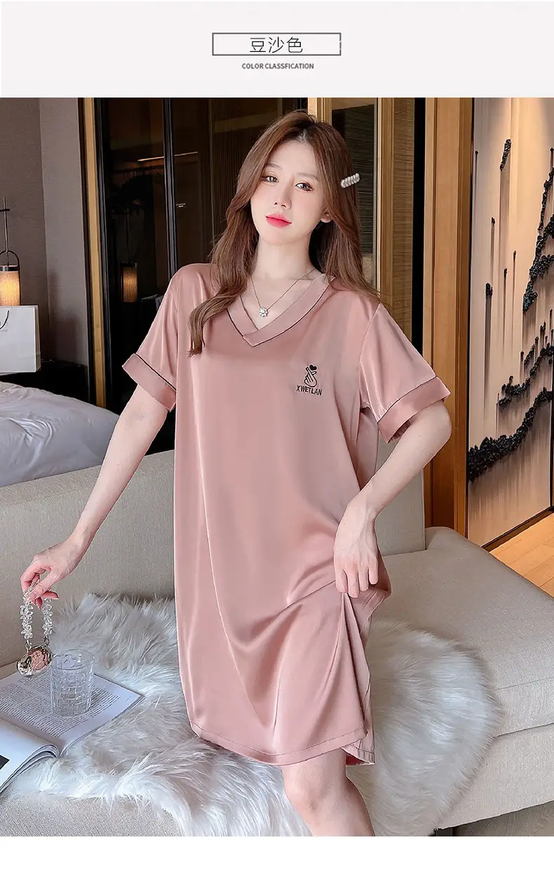 Ice Silk Nightgown Women's Summer Short-Sleeved Pajamas Sexy High-End Large Size Loose Thin Silks and Satins Cute V Neck Home Clothes — feature 12