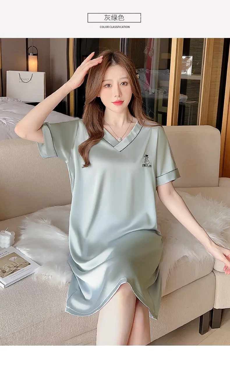 Ice Silk Nightgown Women's Summer Short-Sleeved Pajamas Sexy High-End Large Size Loose Thin Silks and Satins Cute V Neck Home Clothes — feature 13