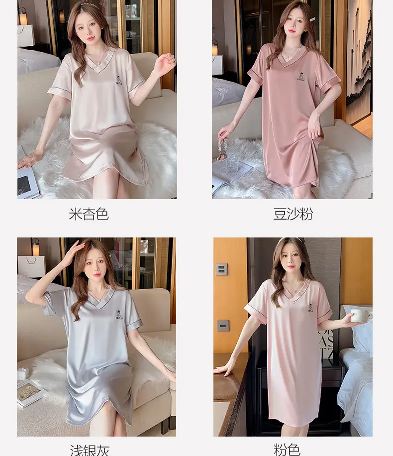 Ice Silk Nightgown Women's Summer Short-Sleeved Pajamas Sexy High-End Large Size Loose Thin Silks and Satins Cute V Neck Home Clothes — feature 3