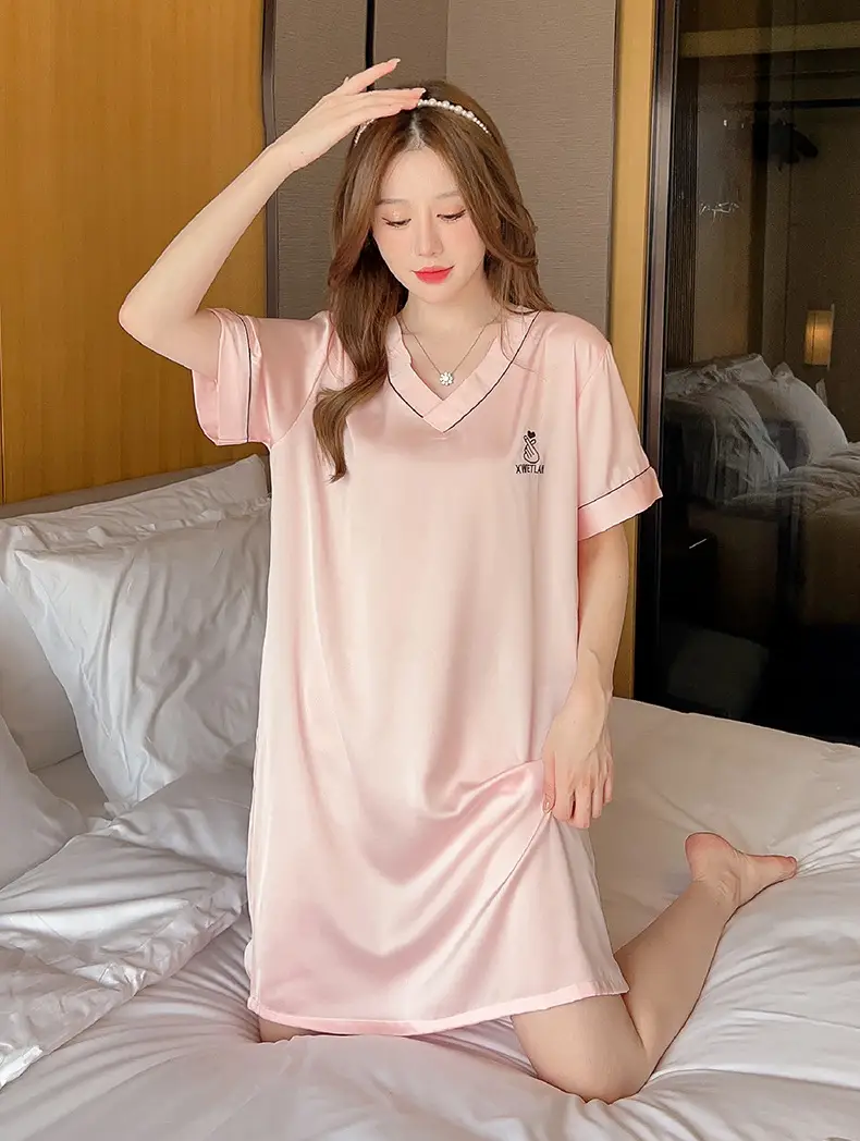 Ice Silk Nightgown Women's Summer Short-Sleeved Pajamas Sexy High-End Large Size Loose Thin Silks and Satins Cute V Neck Home Clothes — feature 8