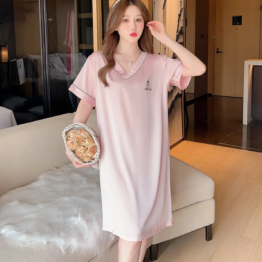Ice Silk Nightgown Women's Summer Short-Sleeved Pajamas Sexy High-End Large Size Loose Thin Silks and Satins Cute V Neck Home Clothes