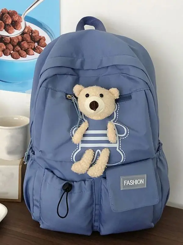 Purple Embroidered Unisex Backpack with Teddy Bear Design - Image 2