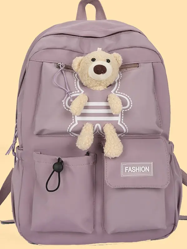 Purple Embroidered Unisex Backpack with Teddy Bear Design - Image 3