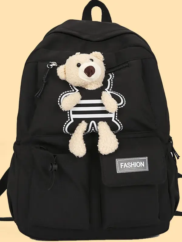 Purple Embroidered Unisex Backpack with Teddy Bear Design - Image 4