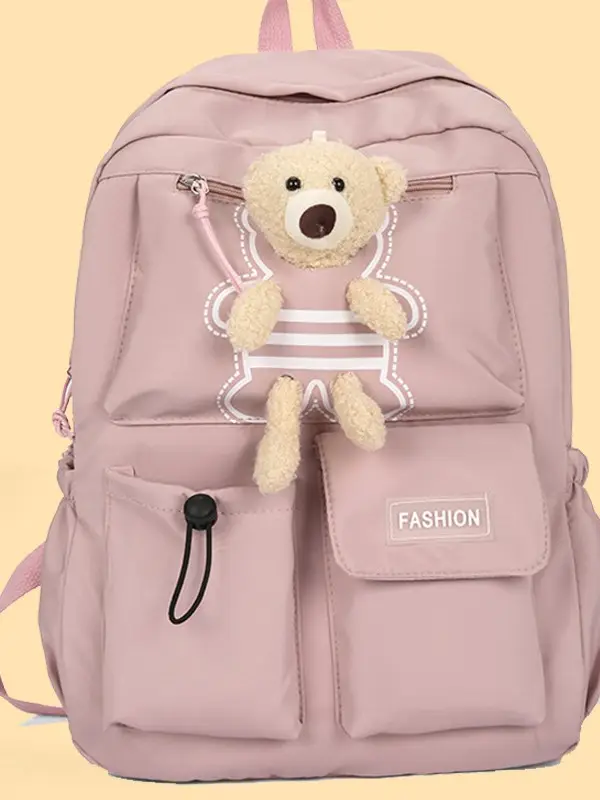 Purple Embroidered Unisex Backpack with Teddy Bear Design - Image 5
