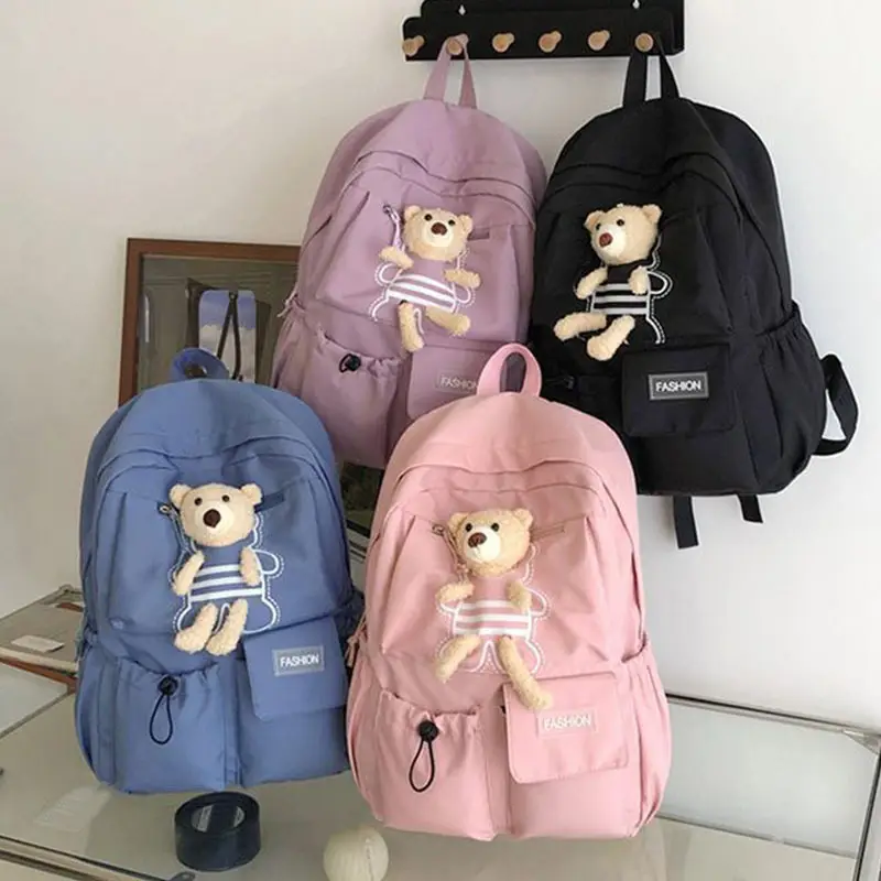 Purple Embroidered Unisex Backpack with Teddy Bear Design — feature 1