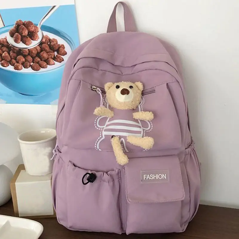 Purple Embroidered Unisex Backpack with Teddy Bear Design — feature 18
