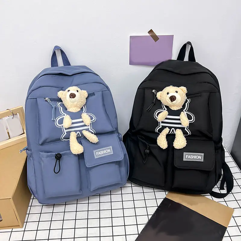 Purple Embroidered Unisex Backpack with Teddy Bear Design — feature 2