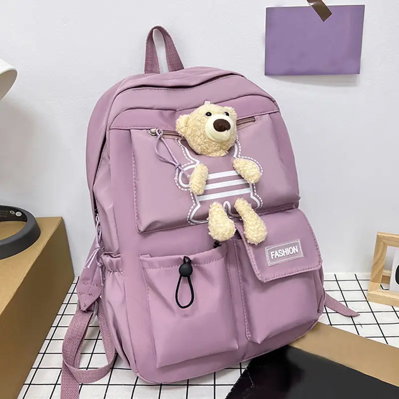 Purple Embroidered Unisex Backpack with Teddy Bear Design — feature 27