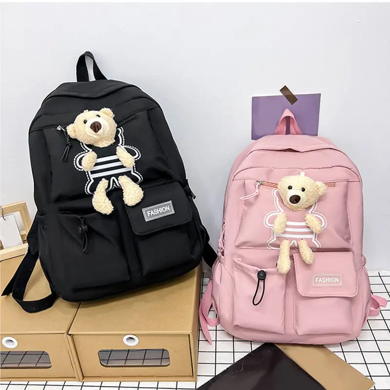 Purple Embroidered Unisex Backpack with Teddy Bear Design — feature 3