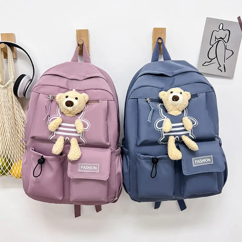 Purple Embroidered Unisex Backpack with Teddy Bear Design — feature 4