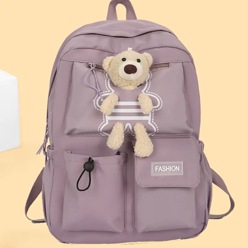 Purple Embroidered Unisex Backpack with Teddy Bear Design — feature 8