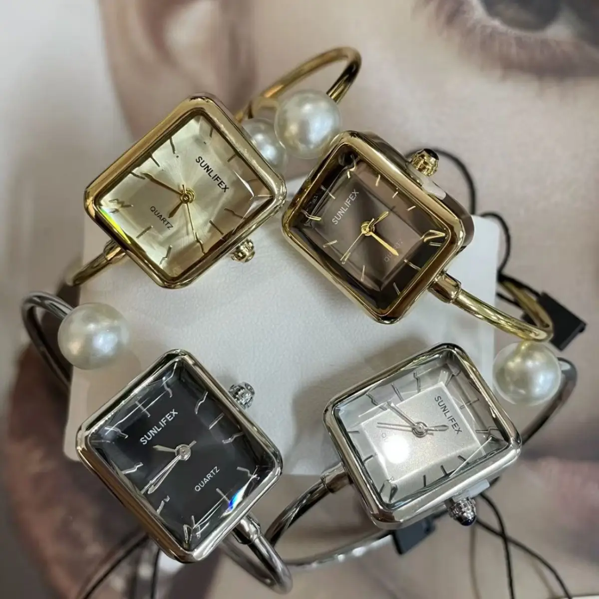 Gold Square Pearl Watch for Women Antique Style