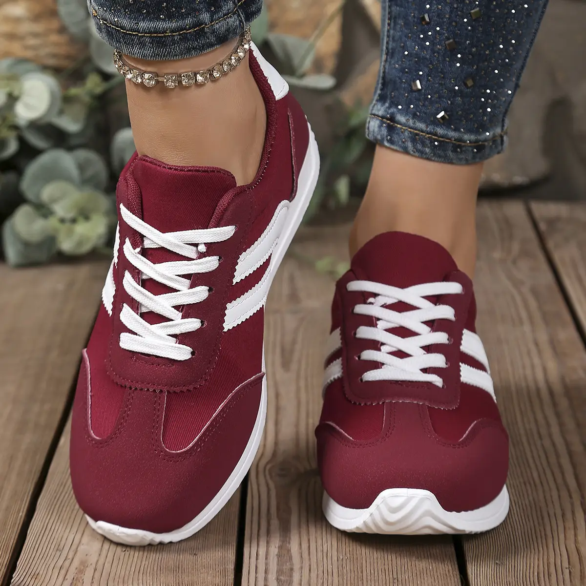 Women's Maroon Casual Sneakers 2025 Spring Fall Lightweight - Image 4