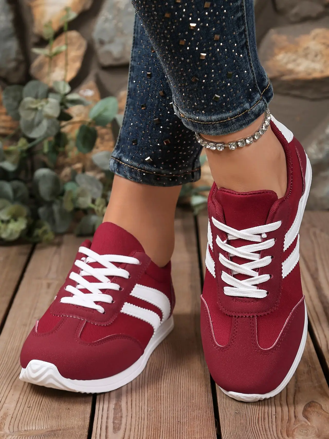 Women's Maroon Casual Sneakers 2025 Spring Fall Lightweight — feature 11