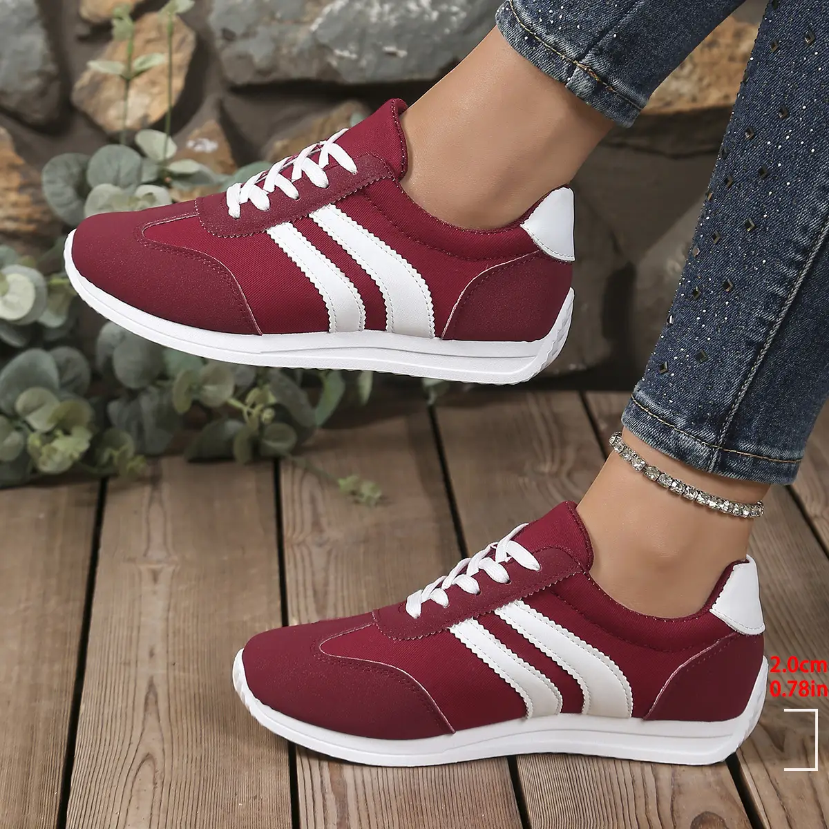 Women's Maroon Casual Sneakers 2025 Spring Fall Lightweight — feature 2