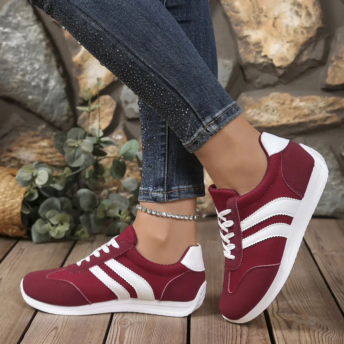 Women's Maroon Casual Sneakers 2025 Spring Fall Lightweight — feature 6