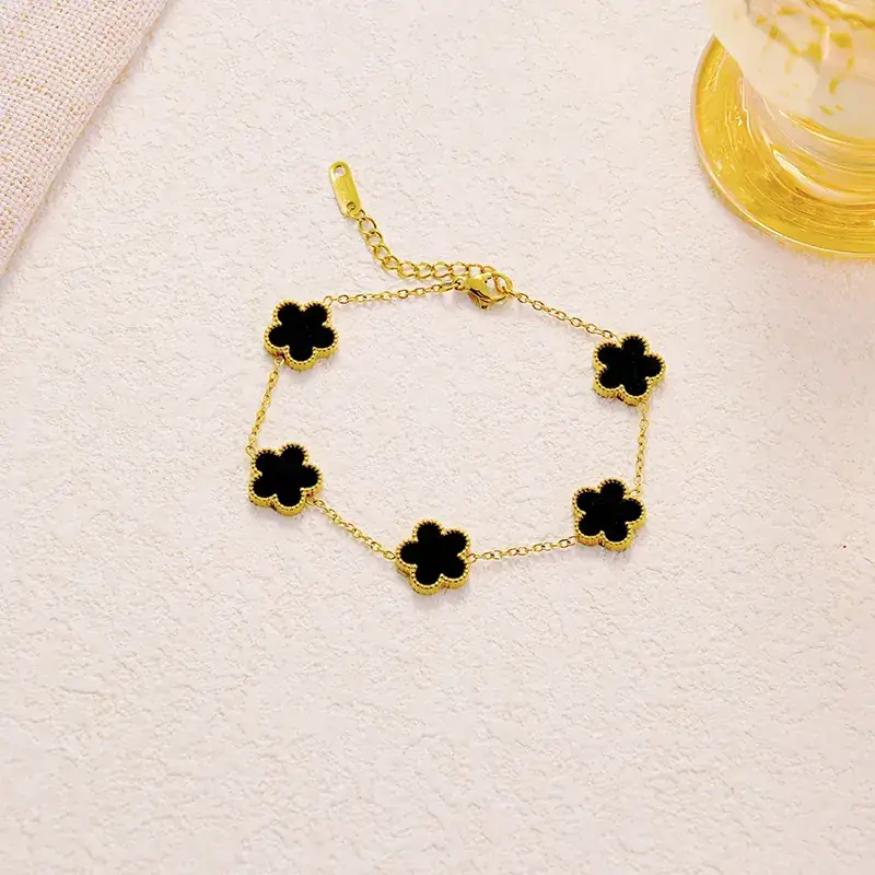Titanium Steel Clover Bracelet Black Flower Gold - Image 11