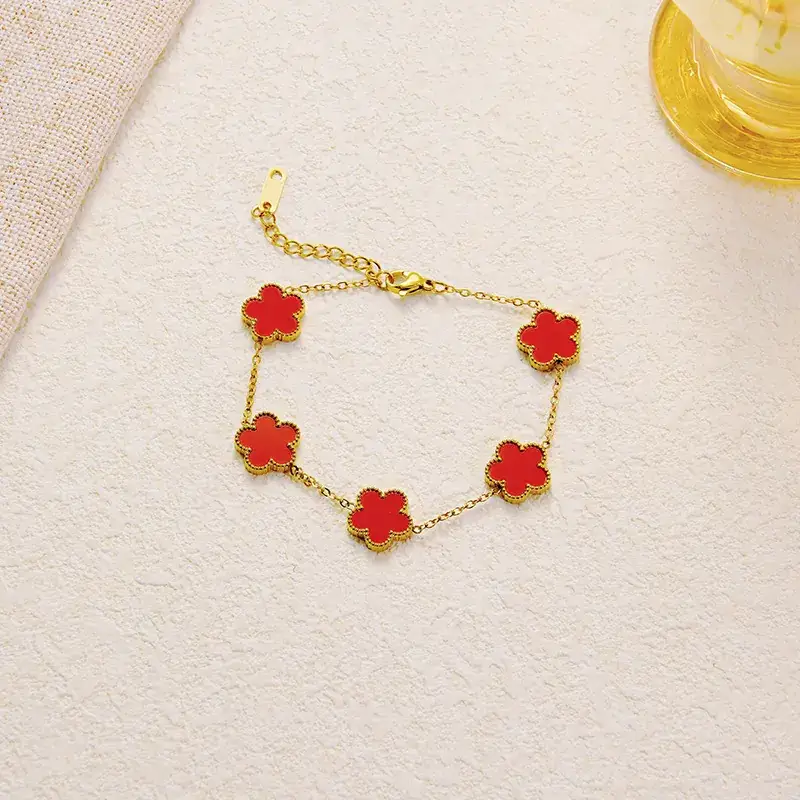 Titanium Steel Clover Bracelet Black Flower Gold - Image 3