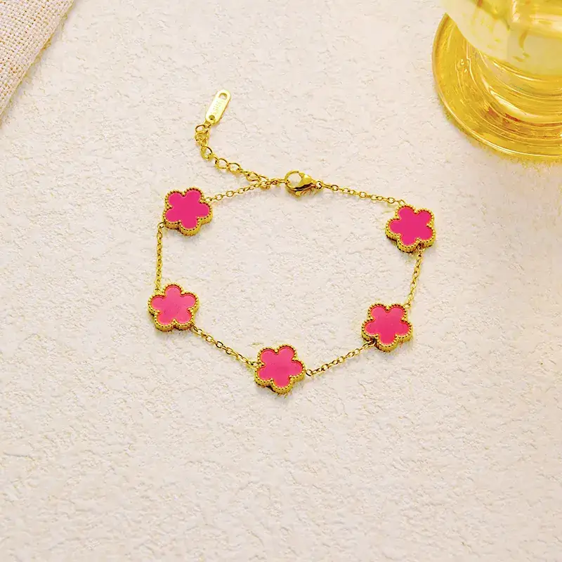Titanium Steel Clover Bracelet Black Flower Gold - Image 6
