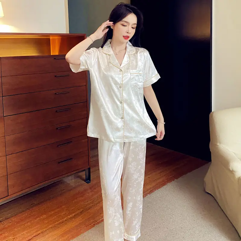 Trendy French-Style Light Luxury Ice Silk Pajamas for Women, Summer Short-Sleeve Long Pants, Stylish Ins-Style Loungewear Set