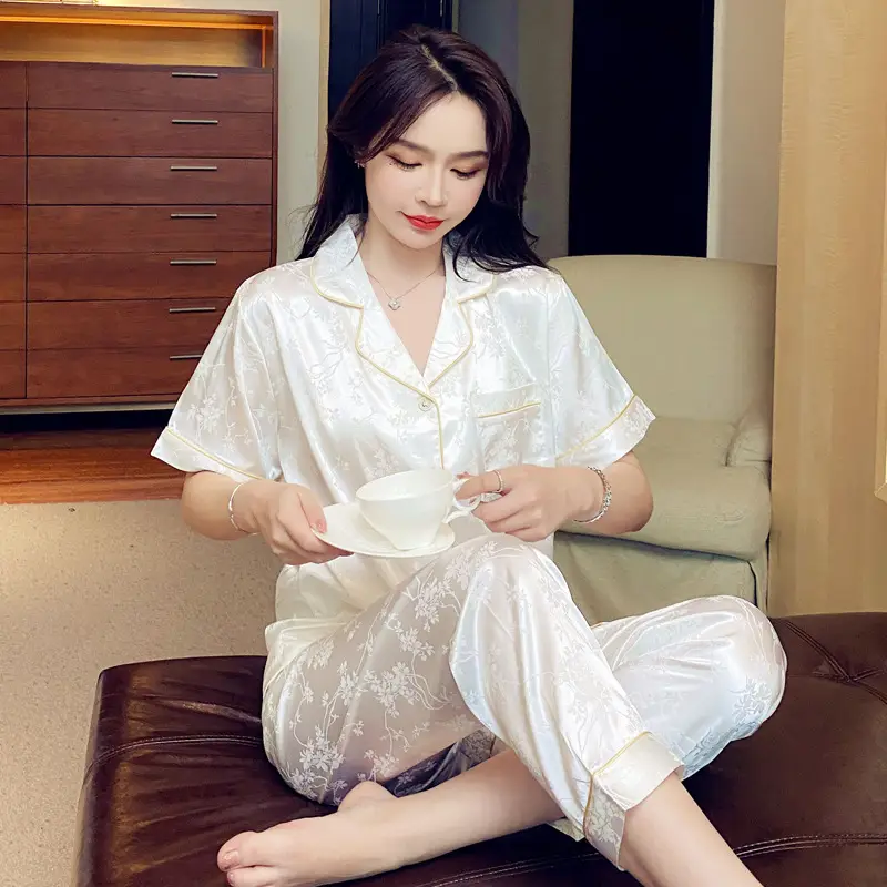 Trendy French-Style Light Luxury Ice Silk Pajamas for Women, Summer Short-Sleeve Long Pants, Stylish Ins-Style Loungewear Set