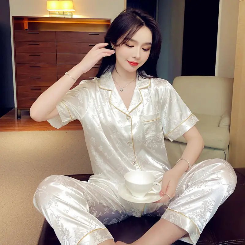 Trendy French-Style Light Luxury Ice Silk Pajamas for Women, Summer Short-Sleeve Long Pants, Stylish Ins-Style Loungewear Set