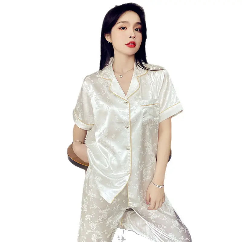 Trendy French-Style Light Luxury Ice Silk Pajamas for Women, Summer Short-Sleeve Long Pants, Stylish Ins-Style Loungewear Set