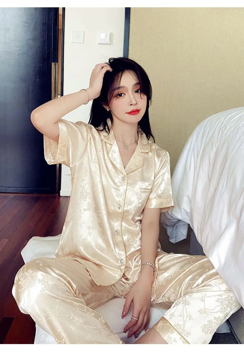 Trendy French-Style Light Luxury Ice Silk Pajamas for Women, Summer Short-Sleeve Long Pants, Stylish Ins-Style Loungewear Set — feature 1