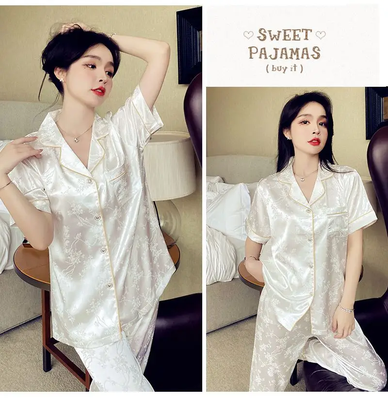 Trendy French-Style Light Luxury Ice Silk Pajamas for Women, Summer Short-Sleeve Long Pants, Stylish Ins-Style Loungewear Set — feature 10