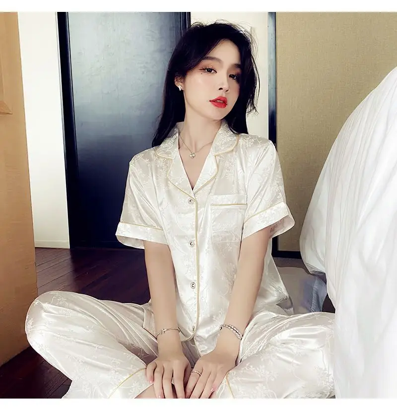 Trendy French-Style Light Luxury Ice Silk Pajamas for Women, Summer Short-Sleeve Long Pants, Stylish Ins-Style Loungewear Set — feature 11