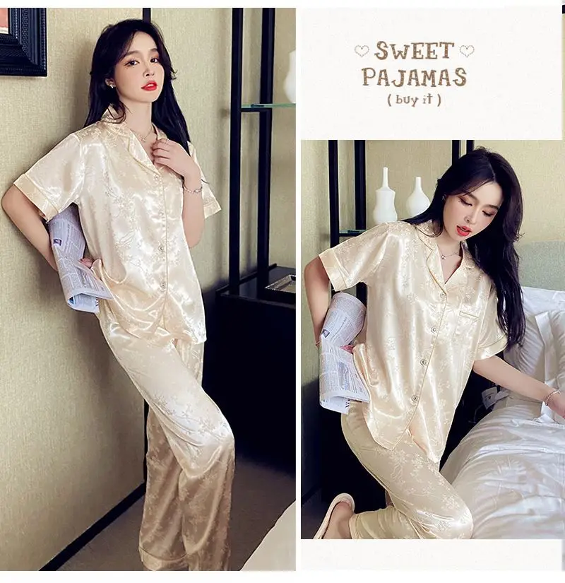 Trendy French-Style Light Luxury Ice Silk Pajamas for Women, Summer Short-Sleeve Long Pants, Stylish Ins-Style Loungewear Set — feature 2