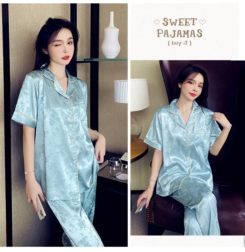 Trendy French-Style Light Luxury Ice Silk Pajamas for Women, Summer Short-Sleeve Long Pants, Stylish Ins-Style Loungewear Set — feature 6