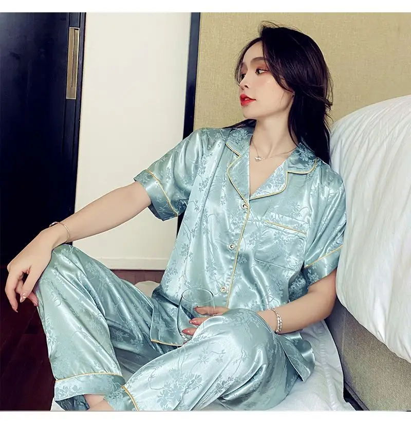 Trendy French-Style Light Luxury Ice Silk Pajamas for Women, Summer Short-Sleeve Long Pants, Stylish Ins-Style Loungewear Set — feature 8