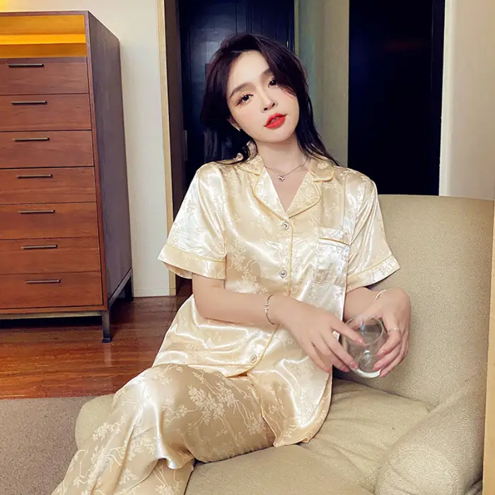 Trendy French-Style Light Luxury Ice Silk Pajamas for Women, Summer Short-Sleeve Long Pants, Stylish Ins-Style Loungewear Set