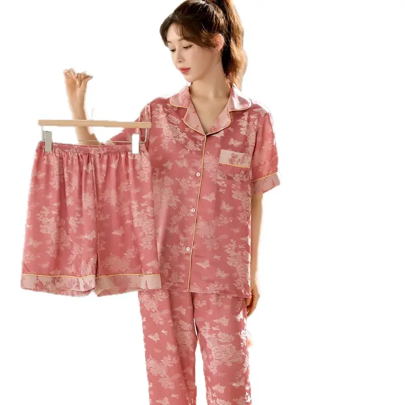 Ice Silk Satin Pajamas Women's Shorts Three-Piece Set Women's Summer Silk Cationic Home Wear Style Can Be Worn Outside