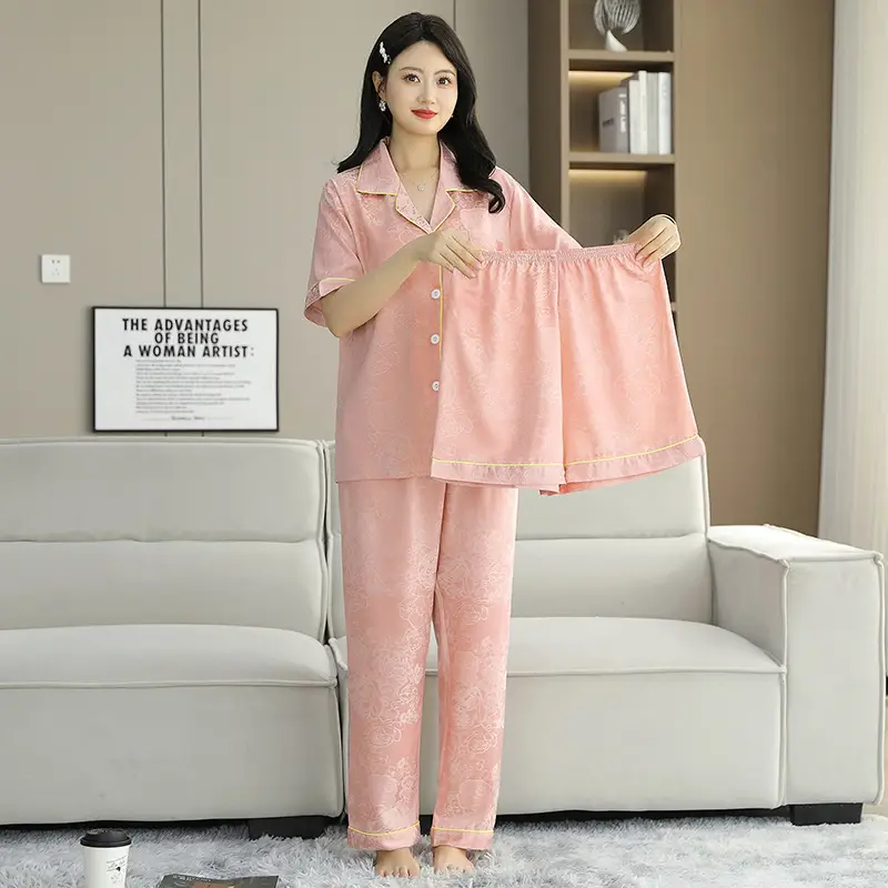Ice Silk Satin Pajamas Women's Shorts Three-Piece Set Women's Summer Silk Cationic Home Wear Style Can Be Worn Outside — feature 23