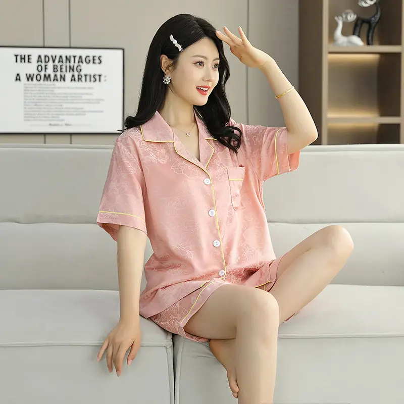 Ice Silk Satin Pajamas Women's Shorts Three-Piece Set Women's Summer Silk Cationic Home Wear Style Can Be Worn Outside — feature 27