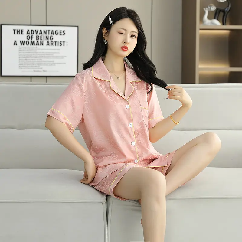 Ice Silk Satin Pajamas Women's Shorts Three-Piece Set Women's Summer Silk Cationic Home Wear Style Can Be Worn Outside — feature 28