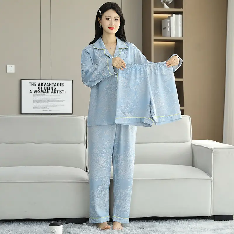Ice Silk Satin Pajamas Women's Shorts Three-Piece Set Women's Summer Silk Cationic Home Wear Style Can Be Worn Outside — feature 29