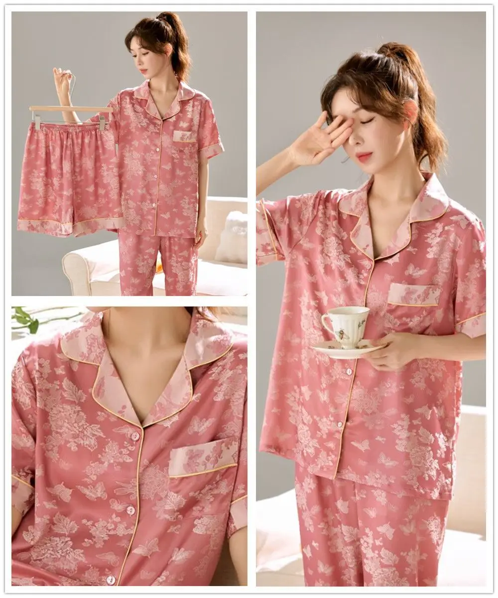 Ice Silk Satin Pajamas Women's Shorts Three-Piece Set Women's Summer Silk Cationic Home Wear Style Can Be Worn Outside — feature 3